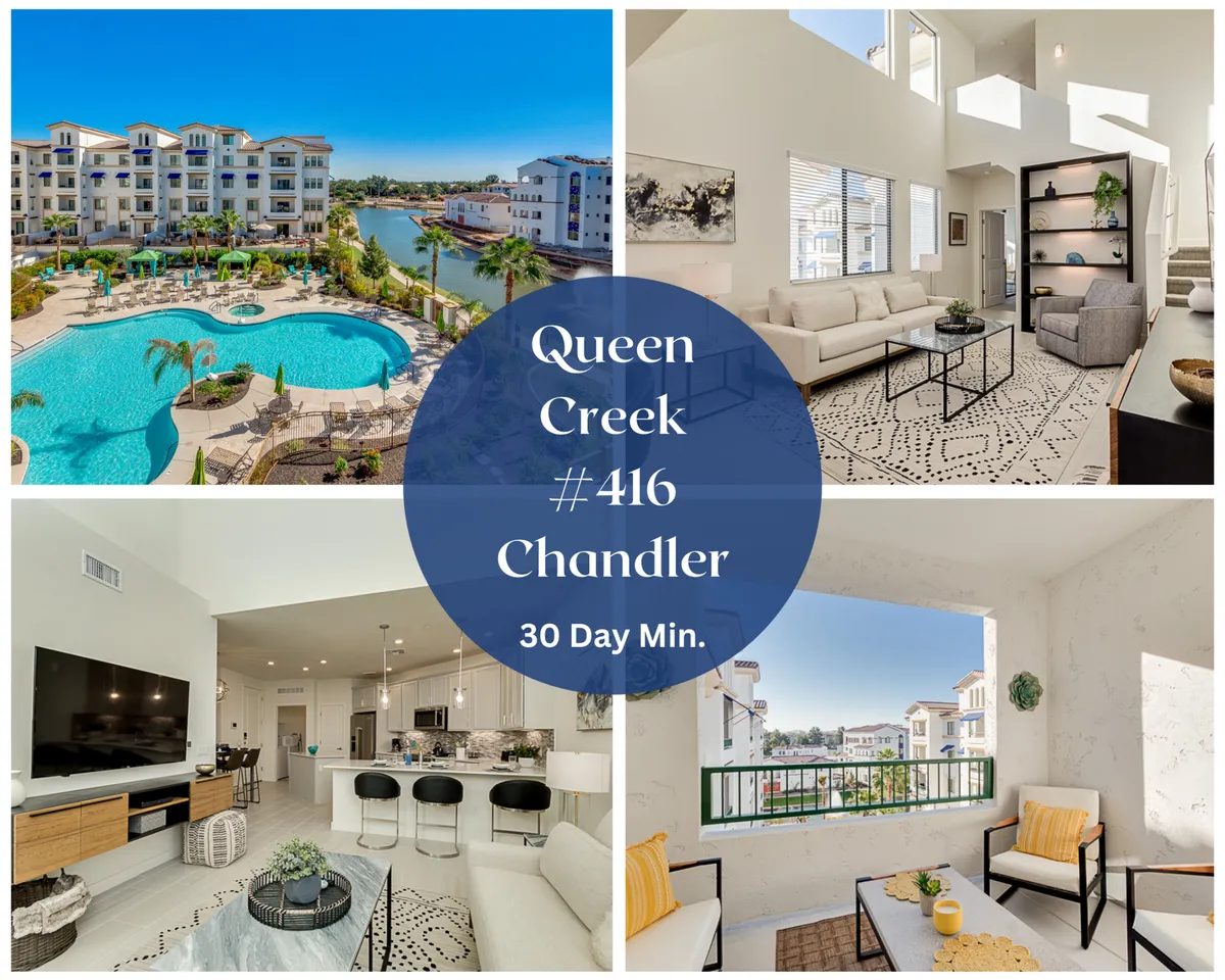 The hero image showcases a tranquil, sunlit pool area surrounded by lush landscaping, modern loungers, and the sleek exterior of the condo building. In the foreground, an open-plan living space with contemporary furnishings seamlessly connects to a private balcony overlooking serene waters, inviting guests to relax, entertain, or simply soak in the panoramic views.